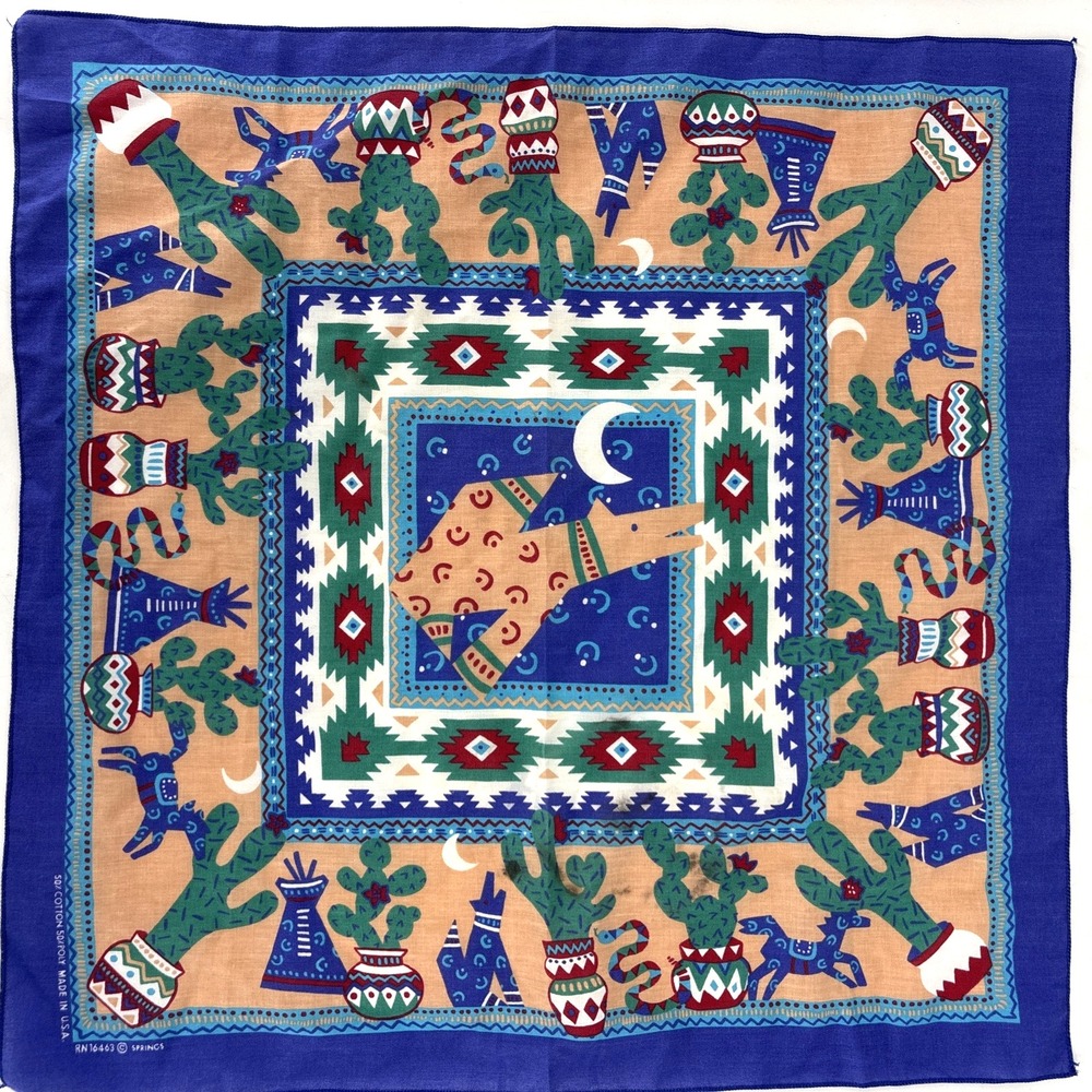 Vtg Southwest Blue Cotton Bandana 21" Howling Coyote‎ Moon Cactus Teepee USA